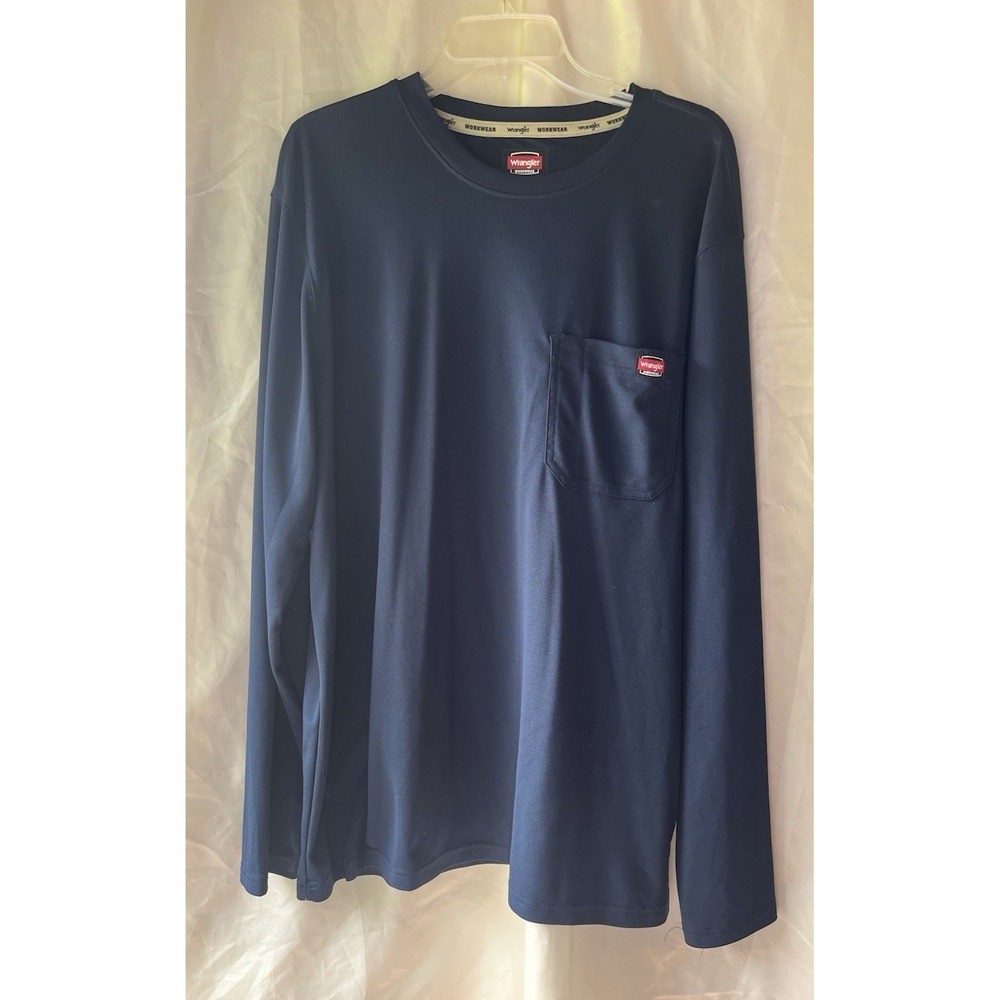 Wrangler Workwear T-shirt Men's XL Blue Long Sleeve‎ Crewneck Front Pocket Tee